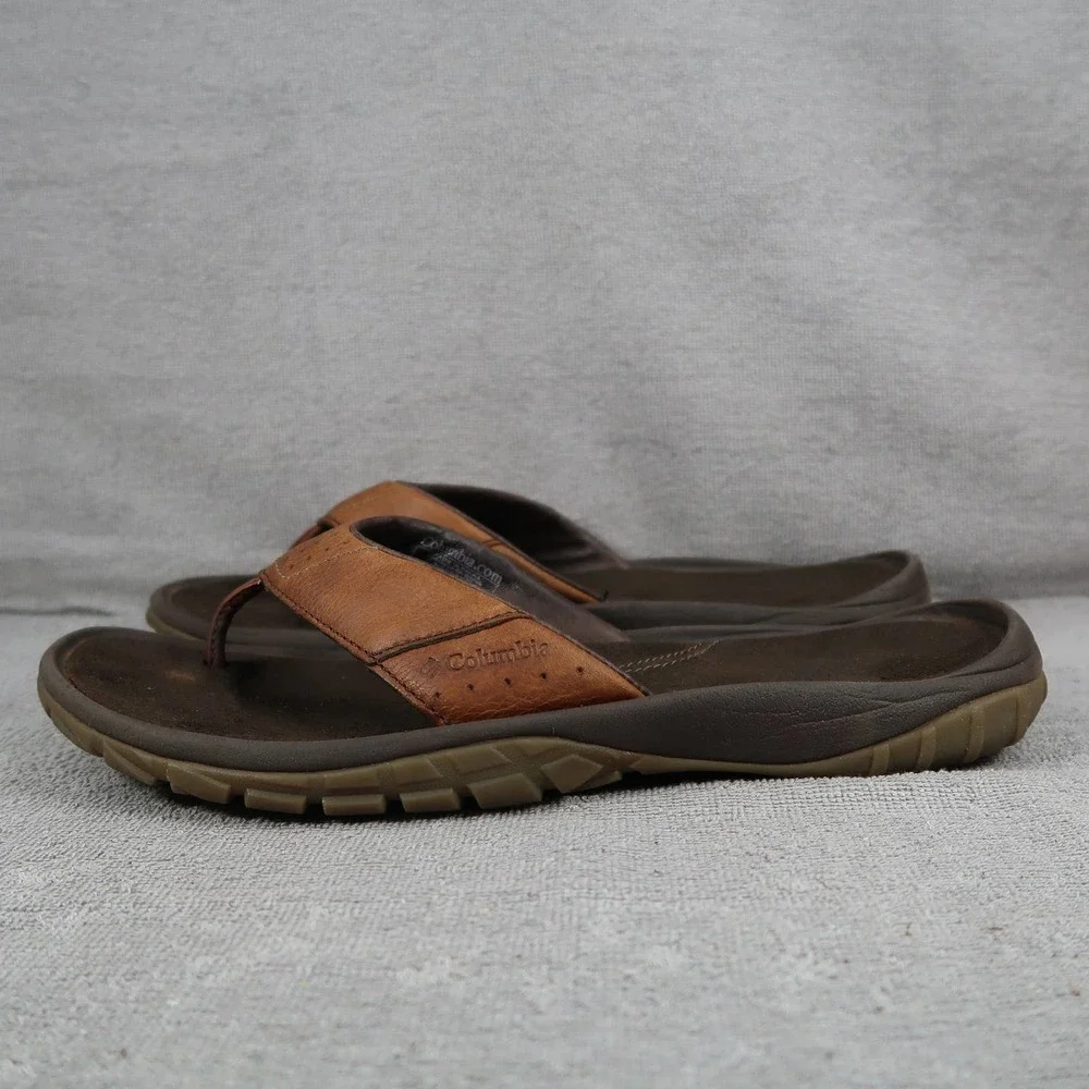 Columbia Nassau Mens 11 Brown Leather Slip On Thong Flip Flop Sandals_3